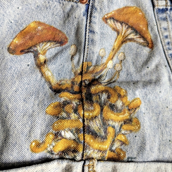 Cuffed Denim Shorts with Handpainted Mushrooms Handmade Artistic Streetwear Gift - Picture 3 of 9